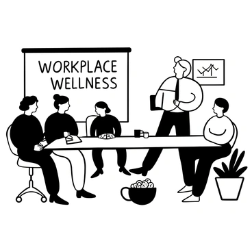 A psychologist with short hair stands at the front of an office conference room, holding a clipboard. A large whiteboard behind them features the words "Workplace Wellness" written in bold letters. Around a rectangular table, several individuals of diverse backgrounds sit attentively, some taking notes on notepads. A plant in a pot sits in the corner of the room, and a projector displays a wellness-related diagram on the wall. A coffee table with mugs and snacks is visible in the foreground. 