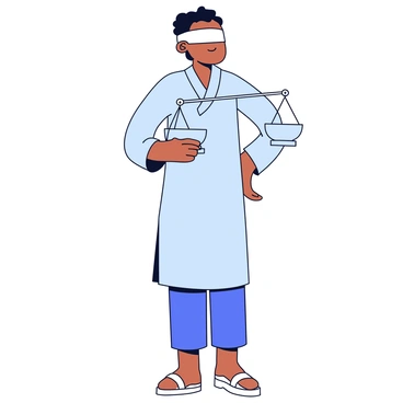 A figure wearing a blindfold, holding a balanced scale in one hand