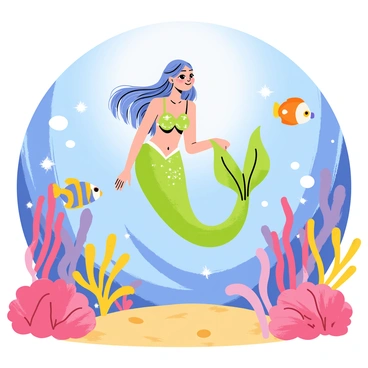 A mermaid with long flowing hair, shimmering scales, and a beautifully detailed tail is swimming gracefully through a vibrant coral reef. The coral is a mix of bright pinks, purples, and yellows. Tropical fish of various sizes and colors, including orange clownfish and blue tangs, are swimming around her, adding splashes of color to the scene. Sunlight filters through the water, creating sparkling patterns on the sandy ocean floor below.