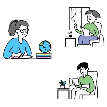 A woman sitting at a wooden desk, writing on a piece of white paper with a blue pen. She has long brown hair tied in a ponytail and is wearing glasses. The background shows a window with curtains, letting in soft light. On the desk, there is a stack of colorful postcards and a globe. In another scene, a man sitting in a cozy armchair, reading a letter with a smile. He has short black hair and is wearing a green sweater. Beside him, a small table holds a cup of coffee and a potted plant.