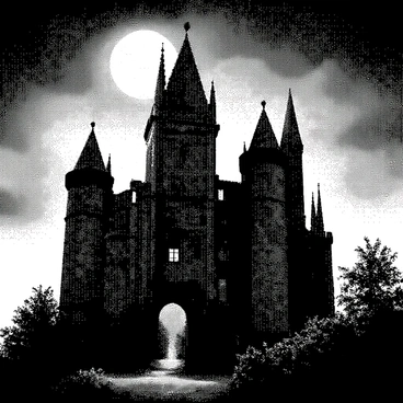 An ancient castle stands tall and imposing against the backdrop of a misty night. The structure is composed of weathered stone, its towers reaching toward the sky. Shadows dance across the walls, highlighting the intricate details of its architecture, such as narrow windows and crumbling battlements. Wisps of fog envelop the base of the castle, creating an eerie atmosphere. A full moon is partially obscured by clouds, casting a dim light over the scene. The surrounding landscape features gnarled trees and overgrown vegetation, enhancing the feeling of mystery and age. A sense of silence pervades the air, interrupted only by a distant owl's hoot.