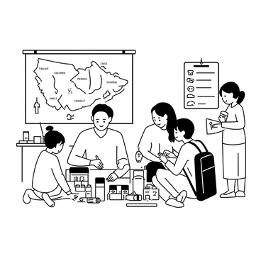 A family gathered in a cozy living room in Canada, working together to prepare an emergency kit. The father is sitting on the floor, sorting through various supplies, including bottled water, canned food, and a first aid kit. The mother is standing nearby, writing a checklist on a notepad, ensuring nothing is forgotten. Two children, a boy and a girl, are helping by packing flashlights and batteries into a sturdy backpack. A large map of the local area is spread out on the table, with emergency contact numbers and a list of essential items pinned on the wall. The atmosphere shows cooperation and focus on safety.