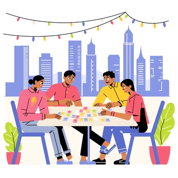 A group of four young adults sitting around a square table on a rooftop terrace. The table is covered with colorful mahjong tiles. The individuals are animatedly engaged in the game, with expressions of concentration and excitement. In the background, a vibrant city skyline stretches out, showcasing tall skyscrapers under a clear blue sky. Potted plants and string lights are decorated around the terrace, adding a lively atmosphere to the scene.