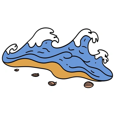 A close-up of "ocean waves" with "white foam" crashing on the "sandy shore." The waves are depicted with "flowing lines" in various shades of blue and white. The "sand" has a light golden color, and there are small "seashells" scattered along the beach. The scene captures a dynamic interaction between the waves and the shore, emphasizing movement and fluidity.