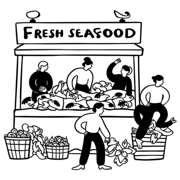 A fish market stall filled with fresh snapper displayed prominently on a bed of ice. Surrounding the snapper are various types of seafood, including shrimp, mussels, and crabs, all arranged meticulously. There are several baskets made of woven material filled with oysters next to the stall. A wooden sign with the words "Fresh Seafood" hangs above the display. The scene captures the hustle and bustle of shoppers, with some people reaching for the seafood.