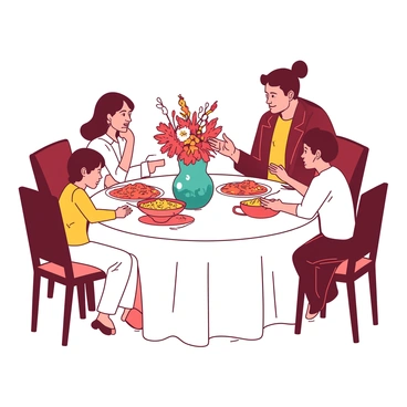 A round dinner table is set with a white tablecloth, surrounded by four chairs. On the table, there are several dishes filled with colorful food: a vibrant red salad, an orange casserole, and a bowl of yellow rice. In the center of the table, a teal vase holds a bouquet of flowers. One family member, a woman with a thoughtful expression, is seated slightly elevated at the head of the table. She is gesturing with her hands, subtly guiding the conversation, while the other three family members listen intently. Their expressions range from curiosity to agreement. A warm ambient light casts gentle shadows, creating a cozy atmosphere around the dinner scene.