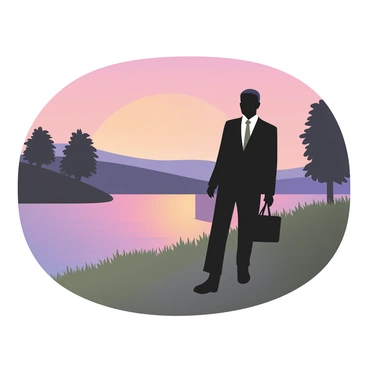 A digital flat illustration depicting a silhouette of a lawyer walking along a riverbank at sunset. The lawyer is dressed in a formal dark suit, carrying a briefcase in their right hand. The riverbank is lined with lush green grass and a few trees that exhibit dark silhouettes. The sunset features a gradient of warm colors, including shades of orange, pink, and purple filling the sky. The lawyer is positioned slightly off-center, with their silhouette contrasting against the vibrant colors of the sunset and the reflective surface of the river.