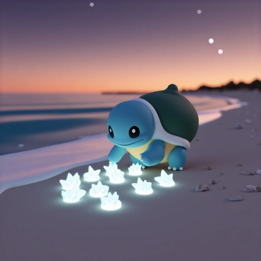 A Squirtle, with its blue shell and cheerful expression, is carefully collecting glowing seashells on a sandy beach. The seashells are shimmering and resemble stars and crowns, casting a soft light in the dim twilight. The beach is dotted with small rocks and gentle waves lapping at the shore. In the background, the sky transitions from orange to deep purple, with a few stars beginning to appear.