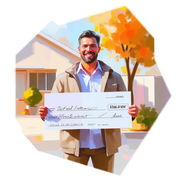 A policyholder with medium skin tone, wearing a smart casual outfit, stands outdoors with a broad smile on their face. They are holding a large check prominently in front of them, displaying the amount clearly. The background features a subtle hint of a residential area, with a cozy house and a tree in the distance. The sunlight creates a warm atmosphere, enhancing the sense of joy and relief evident on the policyholder's expression.