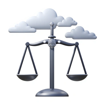A symbolic representation of justice featuring a balanced scale on one side and a sword on the other. The scale is finely detailed, with an elegant design and a gleaming finish. The sword is positioned prominently, detailed with ornate engravings on the hilt. Above the scene, a cloudy sky fills the background, with various shades of gray and hints of light breaking through the clouds. The overall composition gives a sense of importance and gravity to the theme of justice.