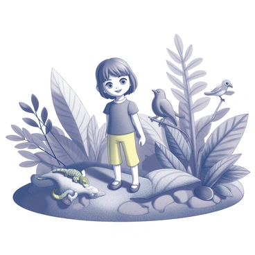 A small figurine of a Polly Pocket is positioned in the center of a vibrant jungle scene. The figure is wearing a colorful outfit suitable for exploration. Surrounding her are tiny exotic plants with intricate leaf patterns and varying textures. There are small animals depicted, including a detailed lizard with distinct markings and a miniature bird perched on a branch. The entire environment is rich with diverse greenery and dense foliage, creating an immersive atmosphere of adventure and exploration.