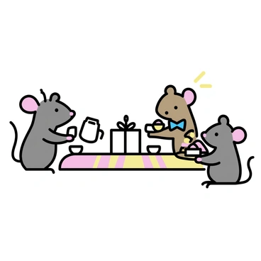 A group of three mice sitting around a small round table. One mouse with gray fur is pouring tea from a tiny teapot into delicate floral-patterned teacups. A second mouse with brown fur is holding a small pastry with its paws, looking excited. The third mouse, wearing a tiny blue bowtie, is reaching for a plate of assorted pastries, including miniature cupcakes and cookies. The table is adorned with a colorful tablecloth, and there are small flowers in a vase at the center.