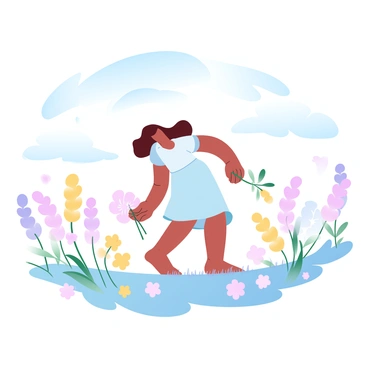 A person wearing a light, flowing dress is wandering through a vibrant field filled with various wildflowers in shades of pink, yellow, and purple. The person is reaching down to pick a cluster of colorful blooms, holding them gently in one hand. The field stretches out in all directions, dotted with a multitude of flowers swaying in a gentle breeze. In the background, there is a soft blend of blue sky with wispy clouds, creating a tranquil atmosphere.