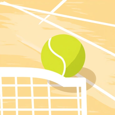 A bright green tennis ball is balancing precariously on the top of a white tennis net. The net is stretched tightly across a court, with the mesh pattern clearly visible. The background features a polished wooden court surface with a faint outline of the baseline and service boxes. The scene is illuminated by bright overhead lights, casting sharp shadows on the court.