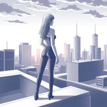 A woman standing confidently on a rooftop. She has long hair that cascades down her shoulders and is dressed in a fitted outfit that complements her figure. The skyline features tall, modern buildings with various architectural designs, creating a bustling urban landscape. The rooftops of adjacent structures are visible, showcasing antennas and air conditioning units. The sun is setting in the background, casting elongated shadows on the rooftop and illuminating the edges of the buildings. The sky above is filled with intricate cloud formations, suggesting the transition from day to night. The woman's posture reflects a sense of contemplation as she gazes out towards the horizon.