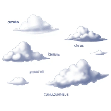 A vast sky filled with a variety of cloud formations. The clouds include fluffy "cumulus" clouds, thin and wispy "cirrus" clouds, layered "stratus" clouds, and dark "cumulonimbus" clouds. Each type of cloud is clearly labeled with its name in bold, clear text positioned near the corresponding formation. The scene captures the diversity of the clouds, showcasing their distinct shapes and textures against the backdrop of an expansive sky.