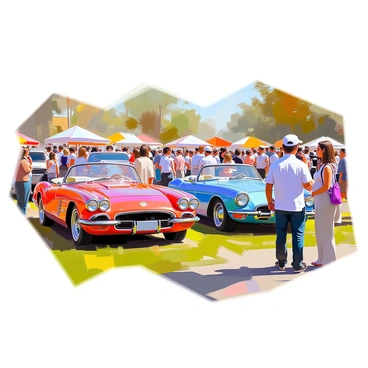 A vintage car show featuring a variety of shiny classic cars in vibrant colors, including a red convertible, a blue coupe, and a black sedan. The cars are parked in neat rows, showcasing their polished chrome details and elegant designs. Enthusiastic visitors of diverse ages are admiring the vehicles, some are taking photographs, while others are discussing the specifications of their favorites. The scene is set in an open park with green grass and trees in the background, adding to the lively atmosphere of the event.