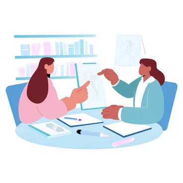 An illustration teacher is sitting at a table across from a student holding a sketchbook. The teacher is pointing towards a drawing in the sketchbook, providing guidance. The student has a focused posture, with their hands resting on the table. Art supplies such as colored pencils and brushes are scattered across the table. The background features shelves filled with art books and sketches. Soft, gradient pastel colors wash over the entire scene.