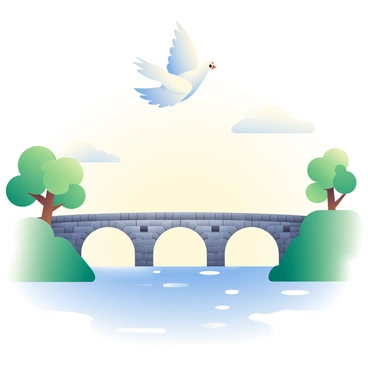 A white dove is soaring gracefully through the sky, its wings outstretched. Below, there is a sturdy stone bridge with arches, spanning over a gently flowing river. The bridge is surrounded by lush greenery, with trees lining the banks on either side. The sunlight casts soft reflections on the water's surface, enhancing the serene atmosphere. The dove is positioned in the center of the image, creating a focal point that captures the essence of peace.