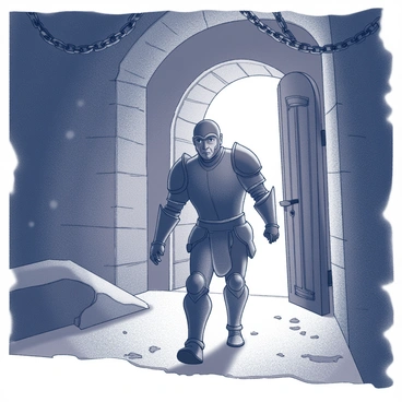 A figure representing a hero is seen navigating through a dimly lit dungeon. The hero is clad in rugged armor, with a determined expression on their face. The dungeon walls are made of rough stone, covered in patches of dampness and shadow. Heavy chains hang from the ceiling, clanging softly as they sway. Shadows loom in the corners, creating an atmosphere of tension and danger. The hero is making their way toward a set of heavy iron doors, with an air of urgency in their posture. The ground is uneven, littered with debris, and faint light filters in from a distant opening, illuminating the path ahead.
