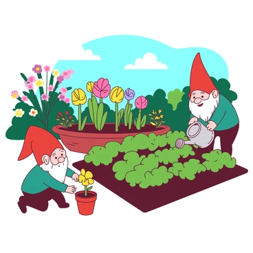 A duotone illustration features a vibrant garden filled with a variety of colorful flowers and fresh vegetables. In this scene, small gnomes are actively engaged in their gardening tasks. One gnome, wearing a red hat, is bending down to plant a bright yellow flower, while another gnome, dressed in teal, is watering a row of green vegetables with a small silver watering can. Nearby, a gnome is arranging colorful pots filled with various herbs. The background showcases lush greenery and a clear blue sky, adding to the lively atmosphere of the garden.