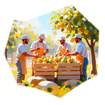 A group of farmers with diverse skin tones is working diligently in a lush green field filled with pear trees. They are carefully picking ripe "birnen" from the branches, their hands reaching for the fruit with precision. Some farmers are placing the harvested pears into sturdy wooden crates that are stacked nearby. The sun casts a warm light on the scene, illuminating the vibrant green leaves and the golden-brown crates. A few farmers are chatting with each other, creating a sense of camaraderie as they work together in the bountiful harvest.