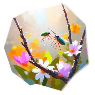 A vibrant garden scene featuring a "locust" with a green body and long antennae cautiously approaching a "spider's web" that glistens with dew in the morning sunlight. The web is intricately spun, showcasing its delicate structure between two branches. Surrounding the web are various colorful flowers and green leaves, creating a lively and natural environment. The locust is positioned just a few inches away from the web, demonstrating its careful approach amidst the bustling life of the garden.