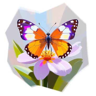 A butterfly with beautifully patterned wings resembling the vibrant colors and designs of pansy petals is resting delicately on a flower. The wings display rich purples, yellows, and deep blues, mirroring the intricate details of the pansy flowers. The butterfly's antennae are gently curved as it perches atop a bright bloom, surrounded by lush green foliage. The flower features vivid colors that complement the butterfly's wings, creating a harmonious scene in nature.