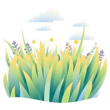 A wide meadow filled with tall grass is prominently featured in the scene. The grass has a mix of vibrant green and golden tones, creating a rich texture. Each blade of grass is bending and swaying gently under the influence of a soft breeze. The sky above is clear with a hint of blue, and a few fluffy, white clouds are drifting slowly by. In the background, there are scattered wildflowers in shades of purple and yellow, adding color to the lush landscape. The sunlight is casting soft shadows, highlighting the movement of the grass.