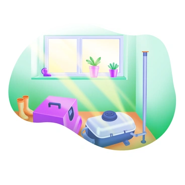 A whimsical illustration of a sump pump placed near a basement window with sunshine streaming in.