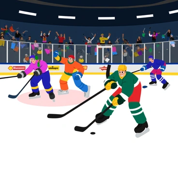A group of hockey players in colorful jerseys skating swiftly across a shiny ice surface in an indoor arena. The players are focused and dynamic, showcasing their skills as they maneuver the puck. In the background, enthusiastic fans are cheering loudly, with a variety of banners and team colors visible in the stands. Bright arena lights illuminate the scene, reflecting off the ice and enhancing the excitement of the match.