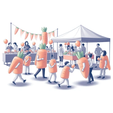 A vibrant festival scene featuring a variety of people dressed in carrot costumes. Some of the attendees are wearing oversized carrot hats and bright orange outfits, while others are holding carrot-shaped balloons. The area is adorned with an array of carrot-themed decorations, including banners shaped like carrots and tables filled with carrot-themed treats. Children can be seen playing games and participating in activities related to carrots. The background includes stalls selling fresh vegetables and carrot-themed crafts. The atmosphere is filled with laughter and joy as everyone engages in the festivities.