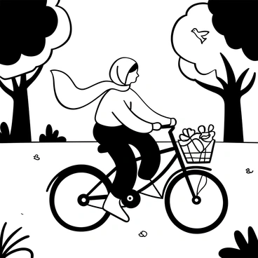 A Muslim girl riding a bicycle in a park, with her hijab flowing in the wind behind her. She is smiling as she pedals along a path lined with trees. The bicycle has a basket at the front filled with flowers. The sunlight filters through the leaves, creating dappled patterns on the ground. Birds can be seen flying in the sky above.