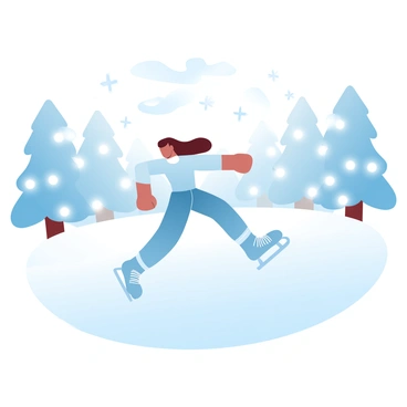 A skater is gliding across an illuminated outdoor rink, surrounded by twinkling stars in the night sky. The rink itself is surrounded by trees adorned with sparkling lights. The skater is wearing a fitted outfit, with their arms extended for balance. The surface of the ice reflects the soft glow of the surrounding lights, creating a serene ambiance. Snowflakes are gently falling in the background, adding to the winter atmosphere.