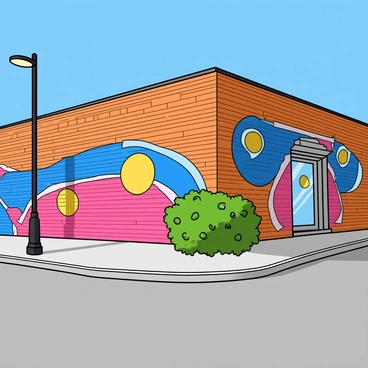A street corner featuring a large, colorful mural that covers a brick wall. The mural includes various bright shapes and patterns, with a dominant palette of blues, pinks, and yellows. In the foreground, there is a small green shrub with shiny leaves next to a concrete sidewalk. A lamppost stands on the side, casting a soft shadow onto the ground. The sky above is clear and blue, adding to the lively atmosphere of the scene. The corner is bustling with energy, capturing the essence of urban life.