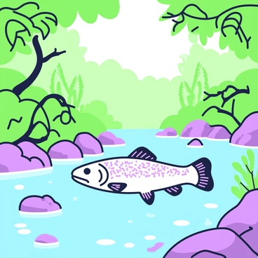 A trout is swimming gracefully in a clear forest creek. The water is crystal clear, allowing visibility of the pebbles and rocks on the creek bed below. The trout has a sleek body with shimmering scales, and it moves smoothly through the water. Surrounding the creek, there is lush greenery, with various types of ferns and leaves framing the scene. Sunlight filters through the leaves above, casting dappled patterns of light on the water’s surface. A few fallen branches and smooth stones are visible on the banks of the creek, enhancing the natural setting.