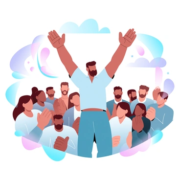 A man is raising his arms in celebration amid a crowd of astonished onlookers. He is wearing a bright-colored shirt and pants, and his body language conveys enthusiasm and joy. The crowd consists of diverse individuals who are observing him with expressions of surprise and admiration. Some people are clapping, while others are cheering and pointing towards the man. Surrounding the scene are colorful balloons and banners that add to the festive atmosphere. The background features a vibrant sky in gradient pastel colors, enhancing the overall mood of the celebration.