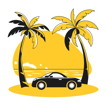 A black silhouette of a car parked on the beach, facing the ocean. The outline of the car is sharp and defined, with smooth curves and a sleek design. In the foreground, there are two palm trees with tall, slender trunks and broad fronds extending overhead. The ocean waves are visible in the background, gently rolling onto the shore, creating a rhythmic pattern. The horizon shows a gentle line where the sky meets the water, adding depth to the scene.