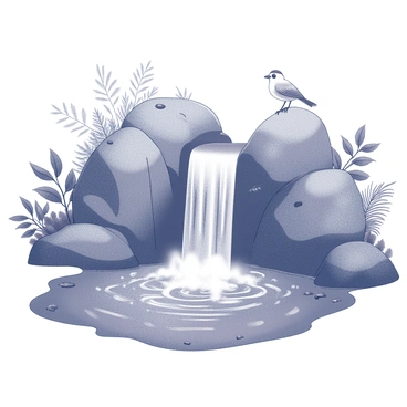 A small waterfall cascades down rocky terrain, feeding into a tranquil bog below. The water flows gently, creating ripples across the surface of the bog. Surrounding the waterfall, dense foliage thrives with various plants, including ferns and shrubs. Wildlife is present with a bird perched on a branch nearby and insects flitting around the water's edge. The atmosphere is vibrant with the details of the natural environment complementing the scene.