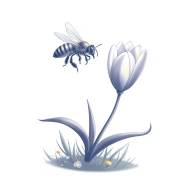 A honeybee is captured in mid-flight, its wings blurred in motion, hovering close to a blooming crocus flower. The crocus has delicate petals, slightly open to reveal its vibrant center. The flower is set against a background of fresh green grass, dotted with other budding plants and flowers. The scene conveys a lively interaction between the bee and the flower, with the bee poised to collect pollen.