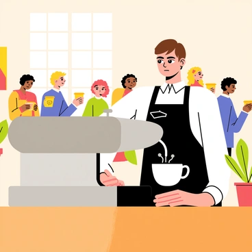 A barista with short brown hair and an indifferent expression stands behind a wooden counter. They are pouring steaming coffee from a shiny silver espresso machine into a white ceramic cup. The barista is wearing a black apron over a white shirt and has a small name tag. In the background, a diverse group of customers, including a woman with curly hair and a man in a blue jacket, are waiting in a queue, holding various coffee cups. The café is decorated with potted plants and colorful wall art, creating a lively atmosphere.