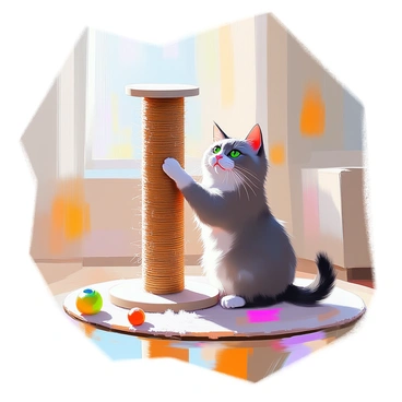 A fluffy gray cat with bright green eyes is vigorously scratching a tall sisal scratching post. The cat's claws are deeply embedded in the post, and small fibers are flying off the surface as it exerts force. The scratching post is positioned in a cozy living room setting, with soft sunlight filtering in through a nearby window, illuminating the scene. The floor is covered with a plush rug, and a few toys are scattered nearby, adding to the playful atmosphere.