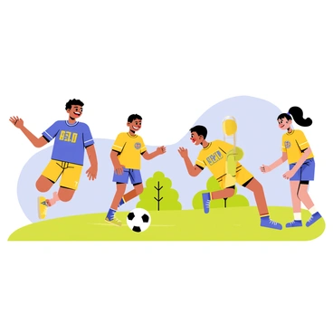 A group of four young fans wearing vibrant blue and yellow Ronaldinho jerseys are joyfully playing soccer together. Two boys are dribbling a black and white soccer ball, showcasing their skills while laughing happily. One girl is trying to intercept the ball, and another girl stands ready to take a shot on goal. The scene is set on a grassy field under a clear blue sky. A few trees are visible in the background, adding to the cheerful atmosphere of the game.