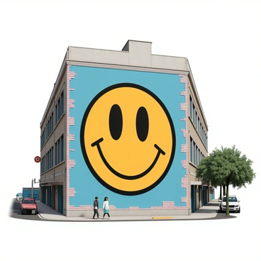 A large mural of a smiley face painted on the side of a concrete urban building. The smiley face is bright yellow with a bold black outline, featuring large, round eyes and a wide, cheerful grin. The background of the mural is a vibrant blue, contrasting with the yellow face. The building itself shows signs of wear, with brick and mortar visible around the edges of the mural. Surrounding the mural are hints of city life, such as parked cars and pedestrians walking by, contributing to the urban setting.