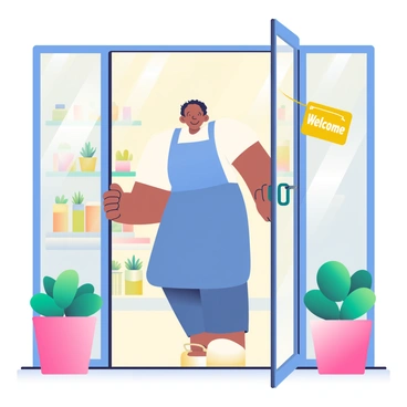 A small business owner with light brown skin and short black hair is standing at the entrance of their shop, opening the double doors. They are wearing a blue apron over a white t-shirt. The shop is decorated with potted plants on either side of the entrance, and a bright 'Welcome' sign is hanging from the door. Sunlight streams in, casting a warm glow on the polished wooden floor inside the shop. A display of colorful products can be seen behind the owner through the open doors.