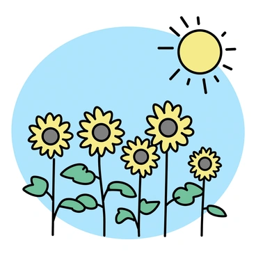 A field of tall sunflowers standing upright, their bright yellow petals stretching towards the sky. The sunflowers have large, round brown centers, and their green leaves contrast with the yellow blooms. The sun is high in the sky, casting warm light over the scene, illuminating the sunflowers and creating soft shadows on the ground. The background is a gentle gradient of blue, depicting a clear afternoon sky.