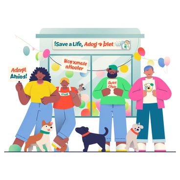A diverse group of people stands outside an animal shelter, each holding colorful signs that read "Adopt, Don't Shop" and "Save a Life, Adopt a Pet". Among them, a woman with curly black hair is wearing a bright yellow shirt, while a man with a beard is sporting a green cap. Nearby, a child in a red t-shirt is holding up a sign with a drawing of a cute puppy. In front of the shelter, several dogs of various breeds are playfully interacting with the crowd, some wearing bandanas. The atmosphere is lively, with balloons tied to the shelter's entrance and banners promoting pet adoption hanging in the background.