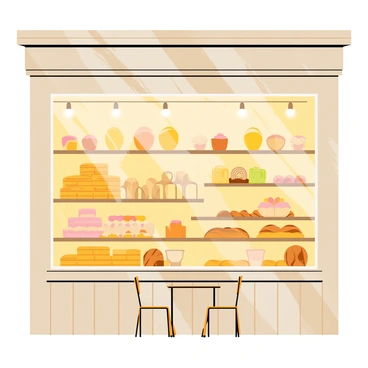 A cozy anime-style bakery with a charming wooden façade. The large window displays an assortment of baked goods, including golden loaves of bread, colorful pastries, and delicate cupcakes, all beautifully arranged. Inside, there are wooden shelves lined with more treats and a warm glow emanating from hanging lights. A small table with two chairs sits in front of the bakery, inviting customers to enjoy their sweets. The scene conveys a welcoming atmosphere filled with the delightful aroma of fresh bread and pastries.