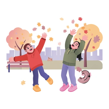 A digital flat illustration of children playing in a park during autumn. There are two children in the foreground, a boy on the left with short brown hair wearing a red jacket, blue jeans, and yellow sneakers, and a girl on the right with long black hair wearing a green sweater, purple leggings, and pink boots. They are both laughing and throwing piles of bright yellow, orange, and red leaves into the air. In the background, there are trees with vibrant autumn foliage and a clear blue sky. A few squirrels can be seen in the trees, and a wooden bench is visible to the side, covered with a thin layer of leaves.