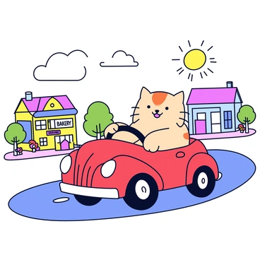 A happy cat with a fluffy coat is sitting in a bright red toy car. The cat has its paws on the steering wheel, looking excited. The toy car is moving through a model town filled with small buildings, including a bakery with a pink roof and a post office with a blue door. There are tiny trees and colorful flowers lining the streets. The sun is shining above, casting soft shadows on the ground.